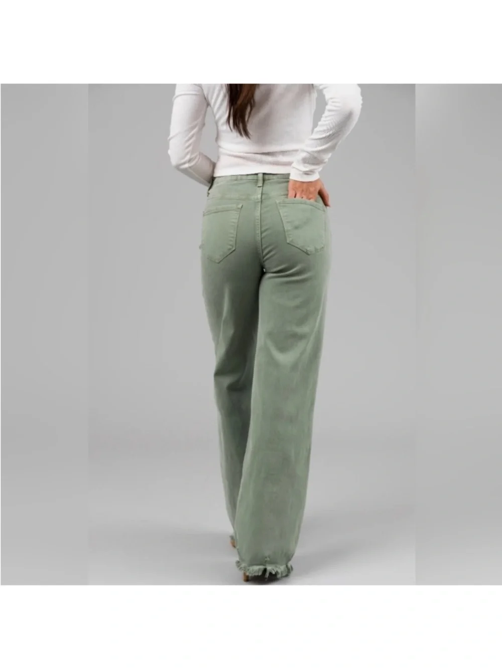 Risen Jeans High Rise Fray Wide Leg Olive Jeans NWT - Picture 3 of 10